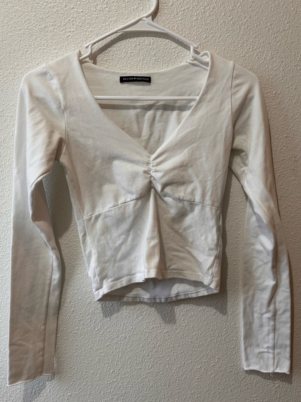White Ruched V-Neck Long Sleeve